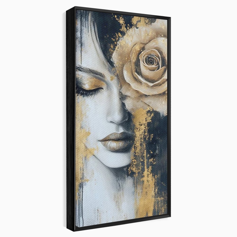 Tablou canvas cu tablou canvas portret feminin cu trandafir auriu, in rama de aluminiu negru